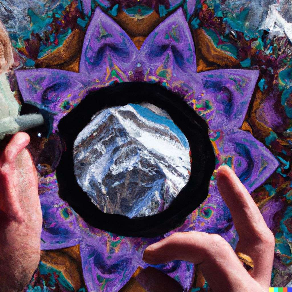 someone gazing at Mount Everest as viewed through a kaleidoscope